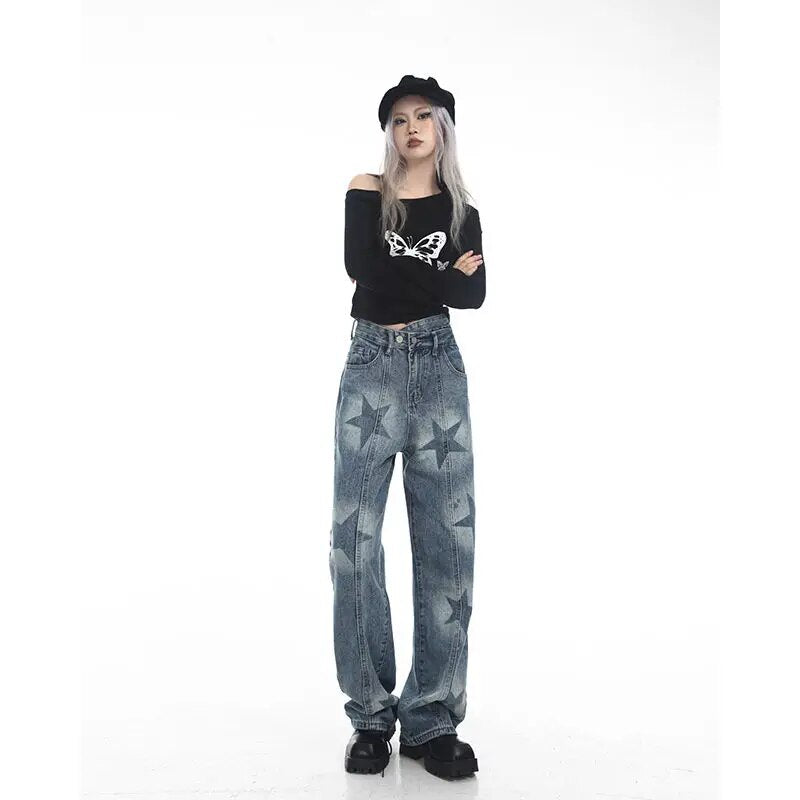 High Waist Star Print Denim Pants - INTOYPEZONE