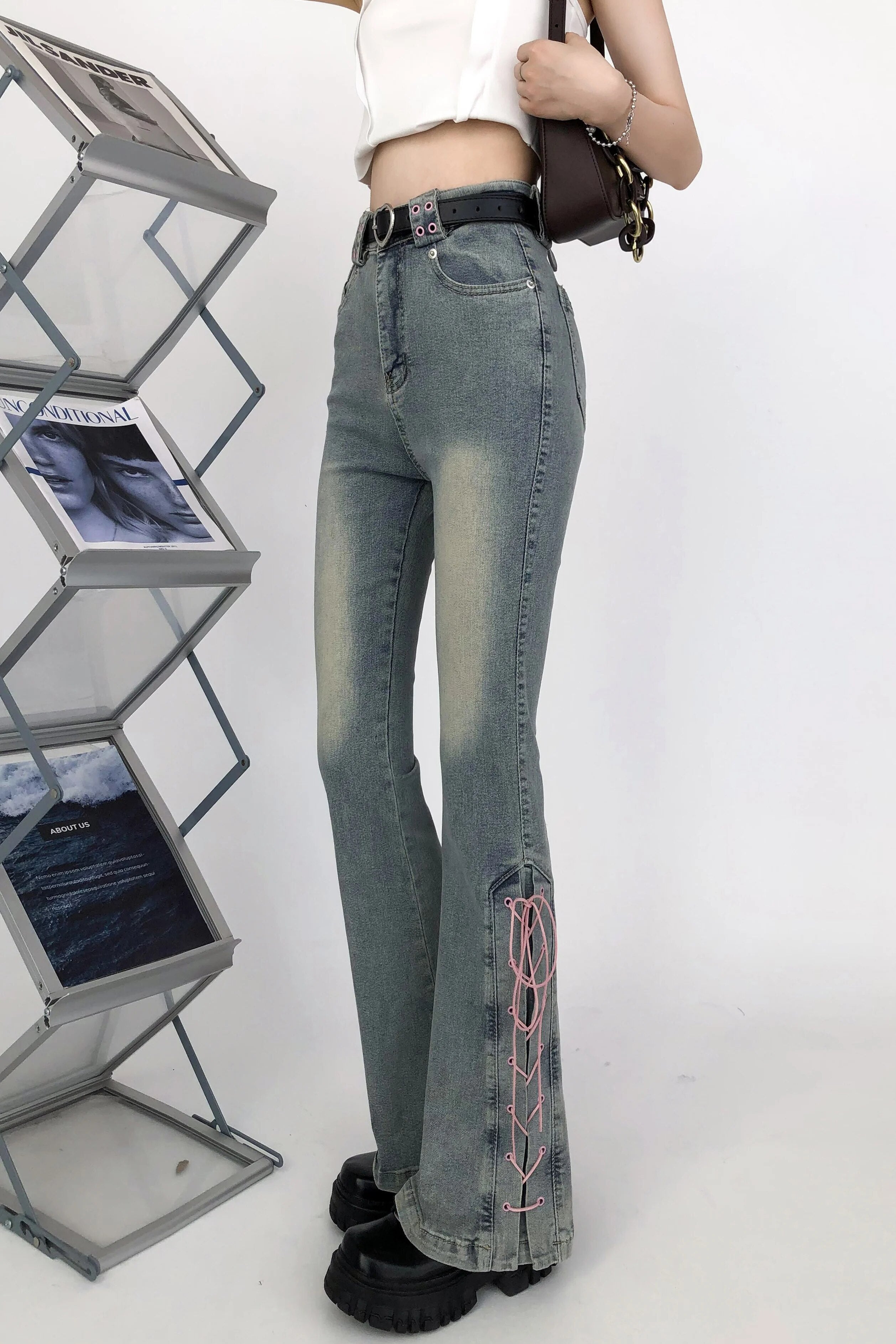 Lace-up High Waist Slim Fit Jeans Pants - INTOHYPEZONE