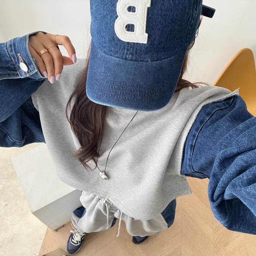 Long Sleeve Denim Patchwork Sweatshirts - INTOHYPEZONE