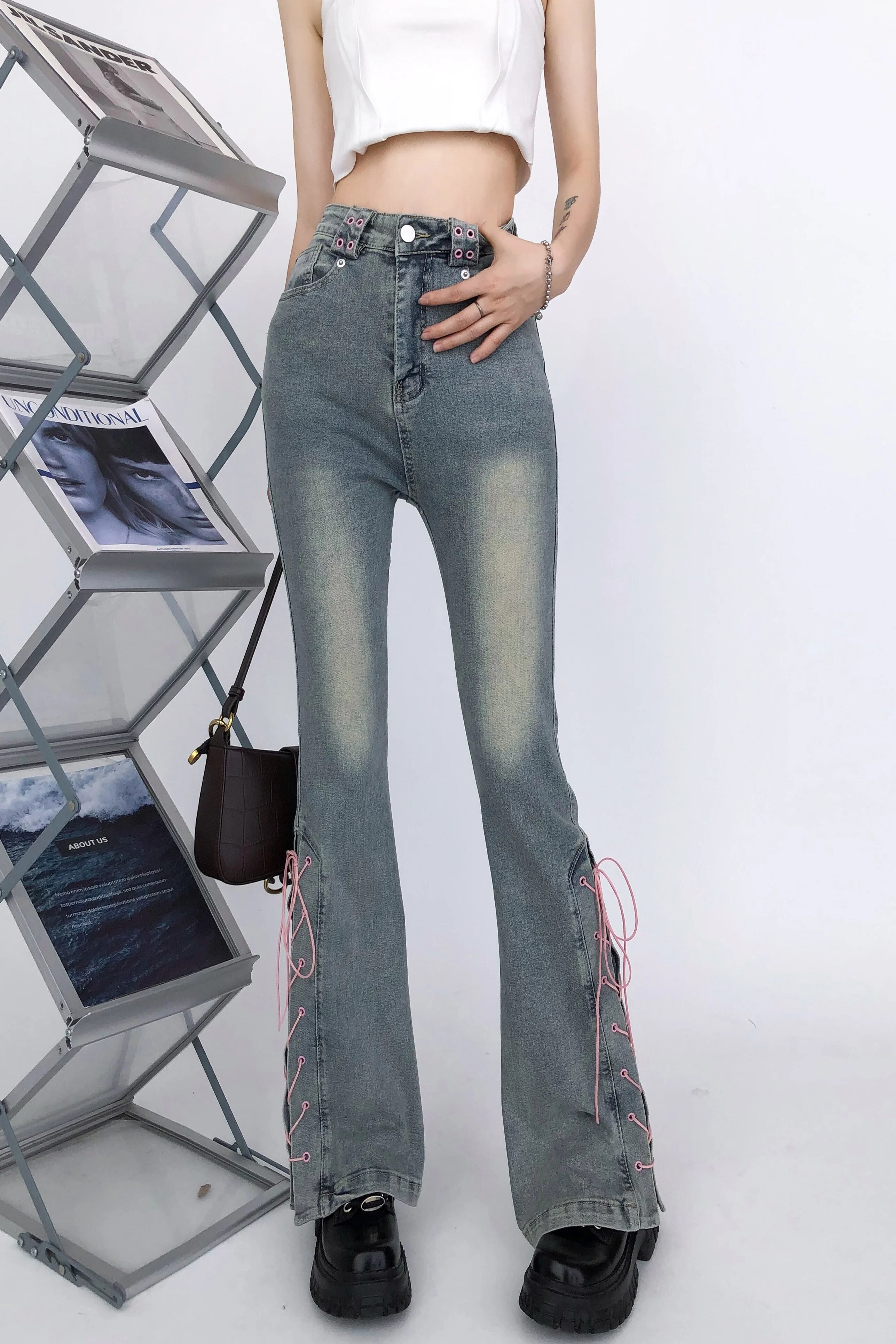 Lace-up High Waist Slim Fit Jeans Pants - INTOHYPEZONE