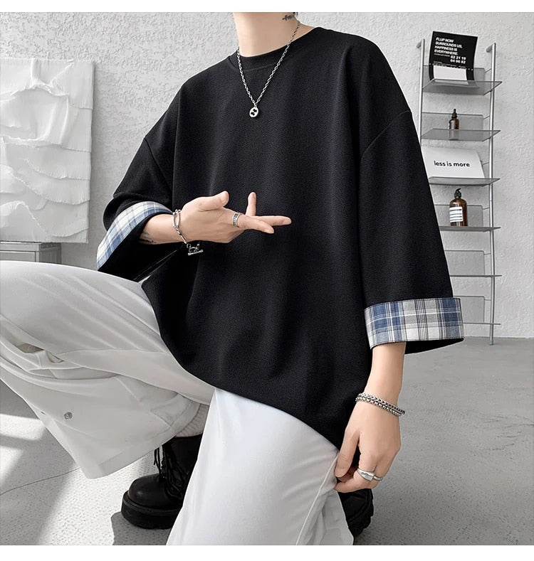 Loose Plaid Seven Sleeves T-Shirt - INTOHYPEZONE