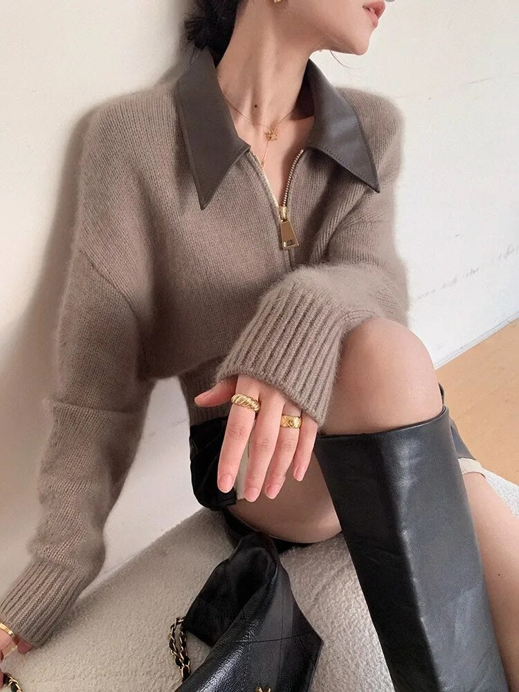 Simple Solid Lapel Zip-up Sweater - INTOHYPEZONE