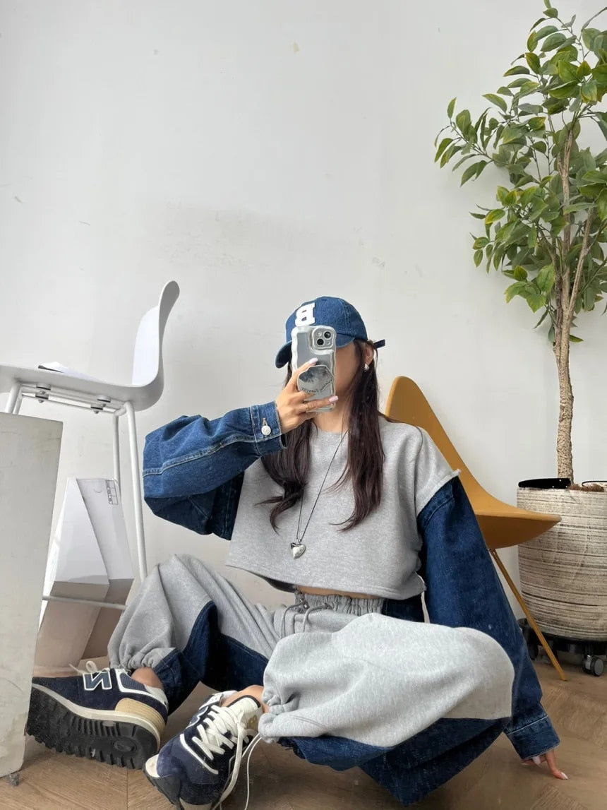 Long Sleeve Denim Patchwork Sweatshirts - INTOHYPEZONE