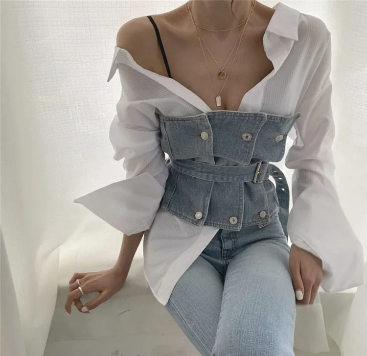 Solid Color Shirt + Sleeveless Belt Tube Denim Vest