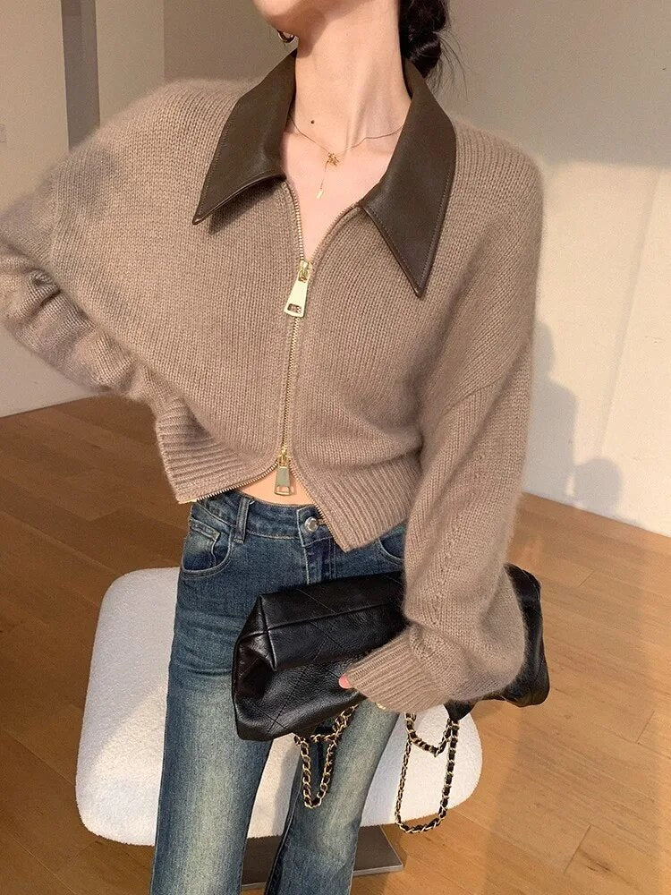 Simple Solid Lapel Zip-up Sweater - INTOHYPEZONE
