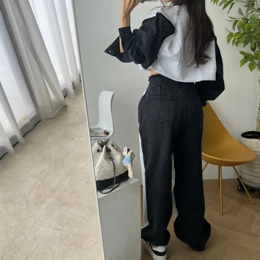 Long Sleeve Denim Patchwork Sweatshirts - INTOHYPEZONE