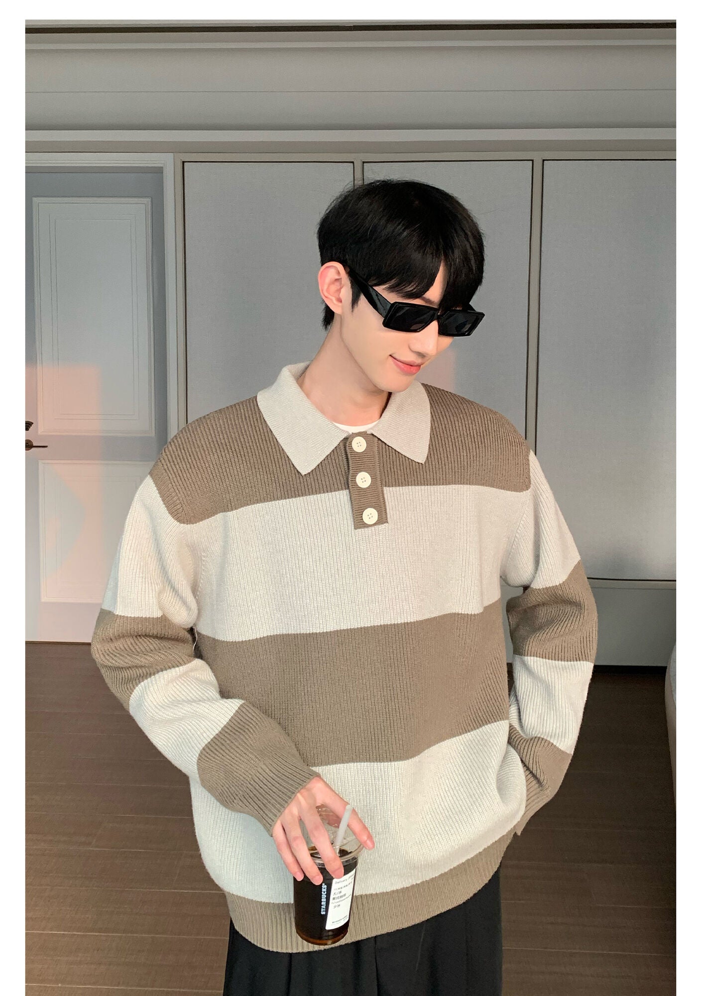 Contrast Color Turn-down Collar Stripe Sweaters - INTOHYPEZONE