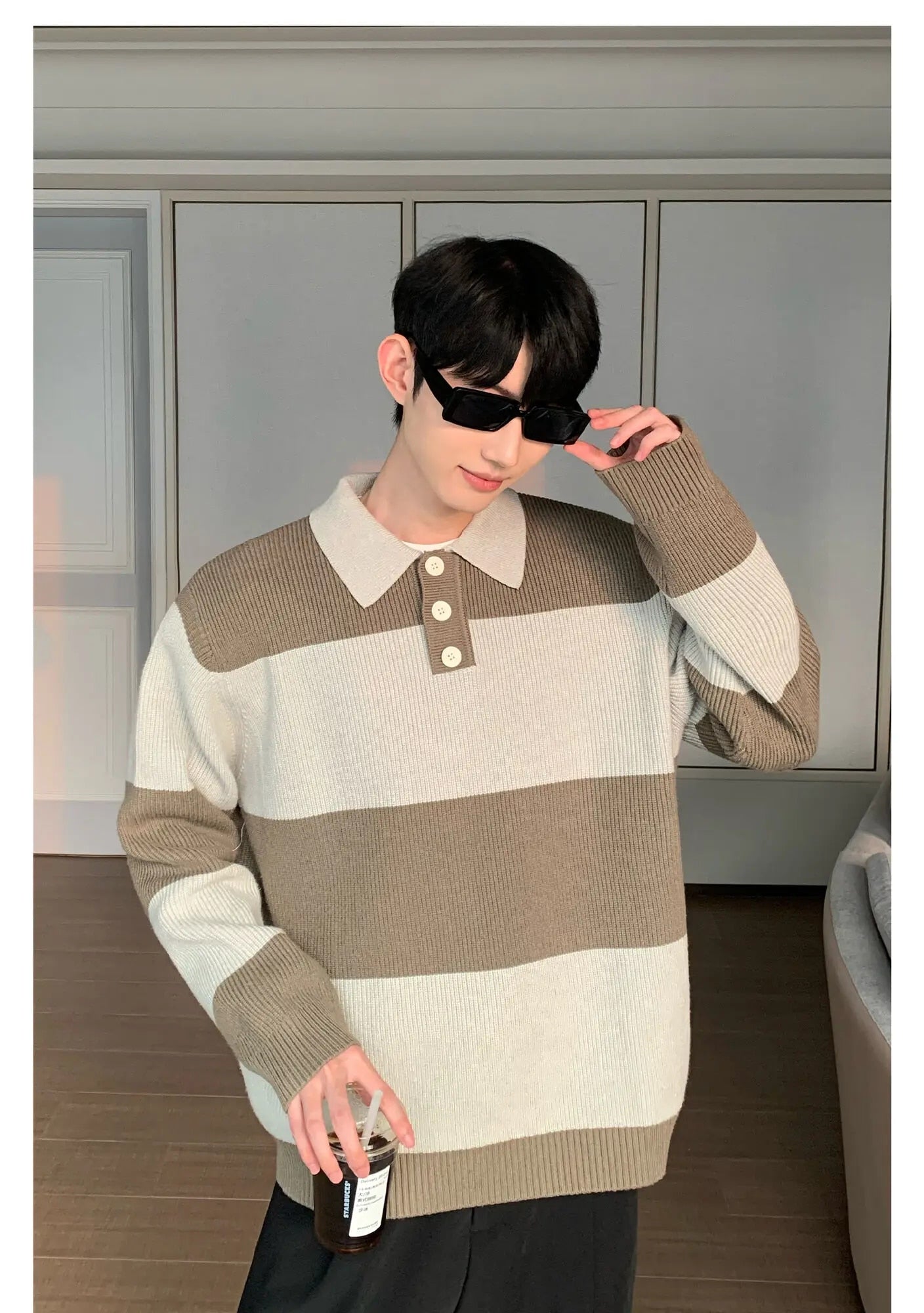 Contrast Color Turn-down Collar Stripe Sweaters - INTOHYPEZONE