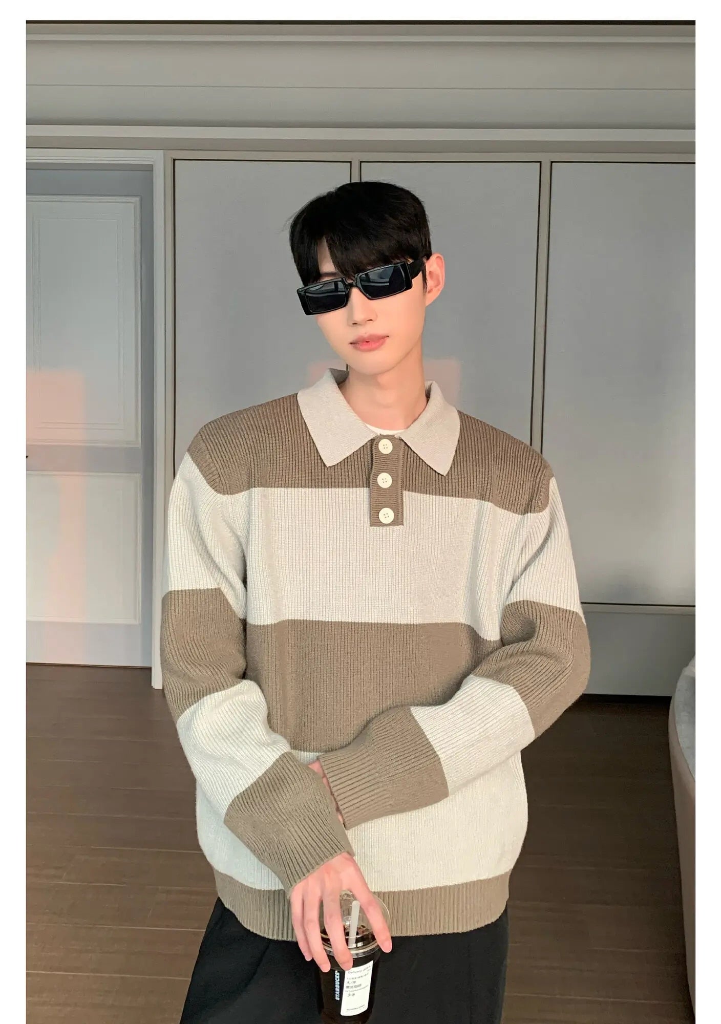 Contrast Color Turn-down Collar Stripe Sweaters - INTOHYPEZONE