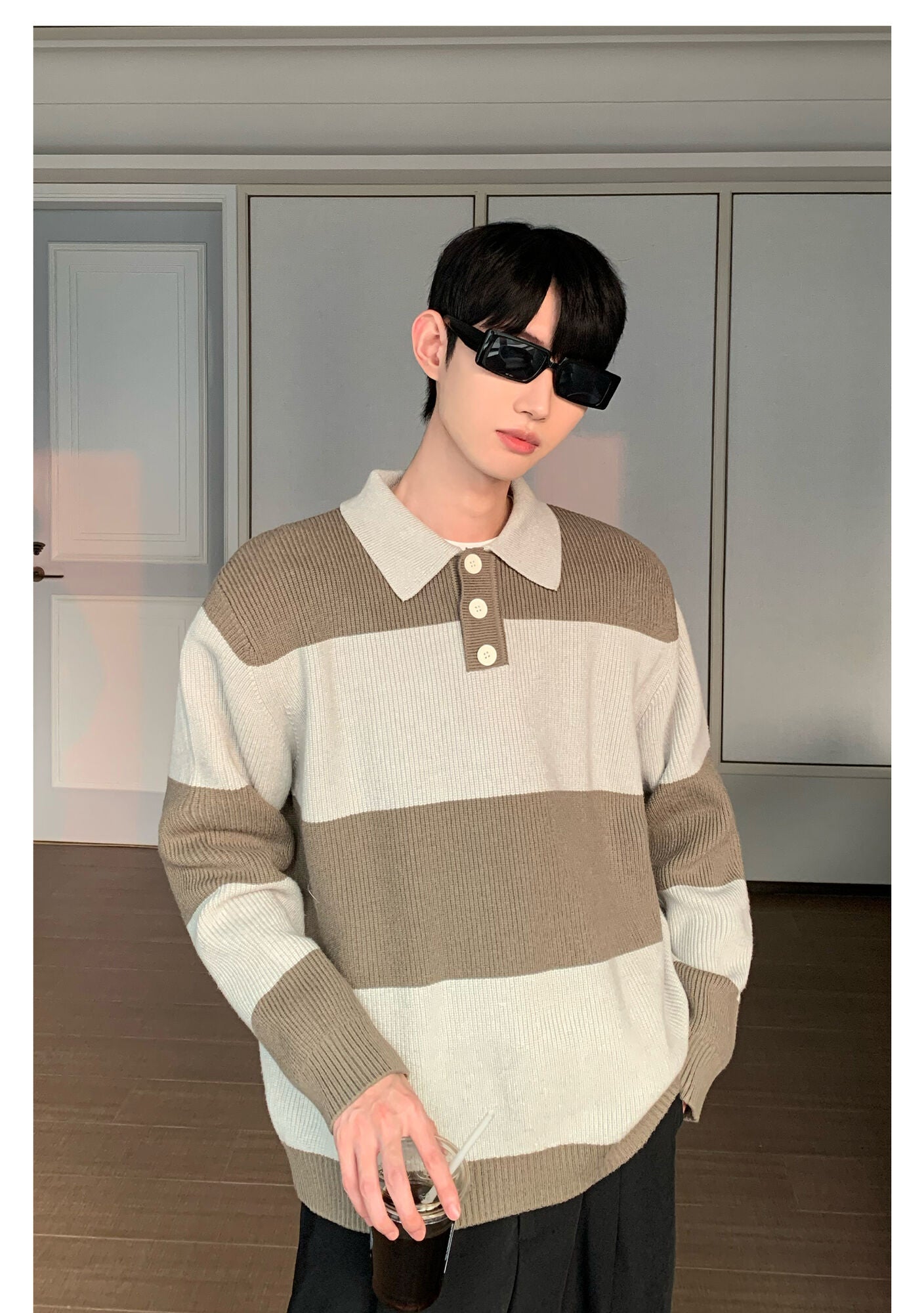 Contrast Color Turn-down Collar Stripe Sweaters - INTOHYPEZONE