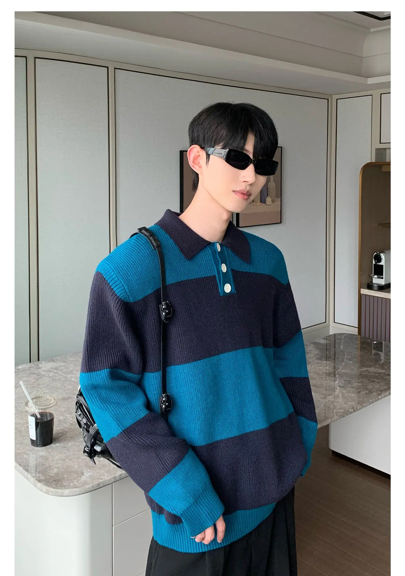 Contrast Color Turn-down Collar Stripe Sweaters - INTOHYPEZONE