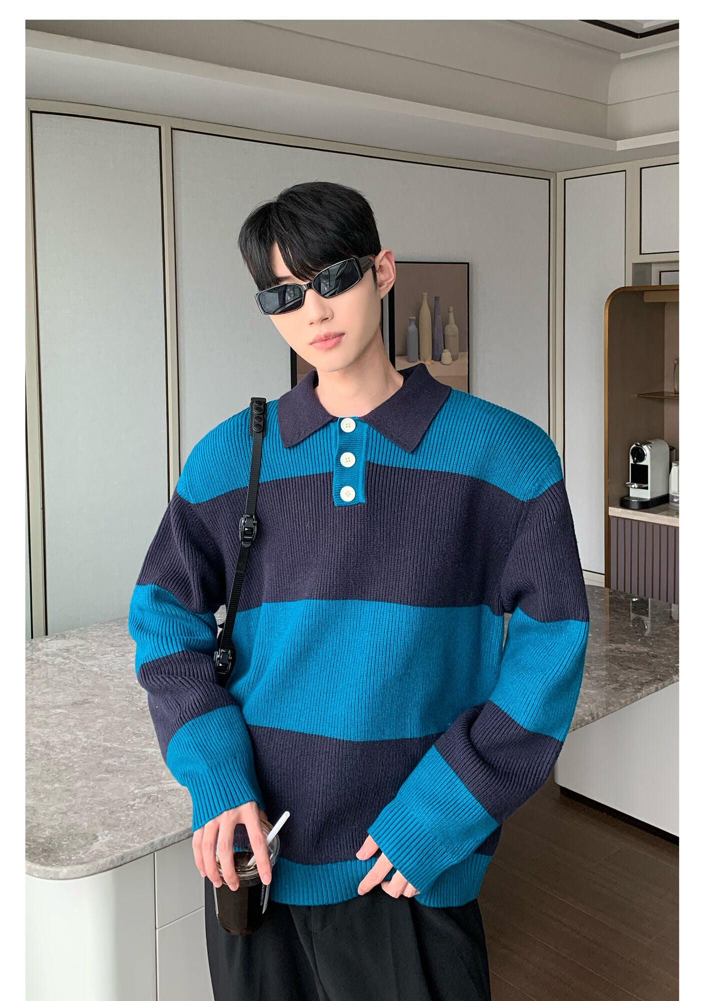 Contrast Color Turn-down Collar Stripe Sweaters - INTOHYPEZONE