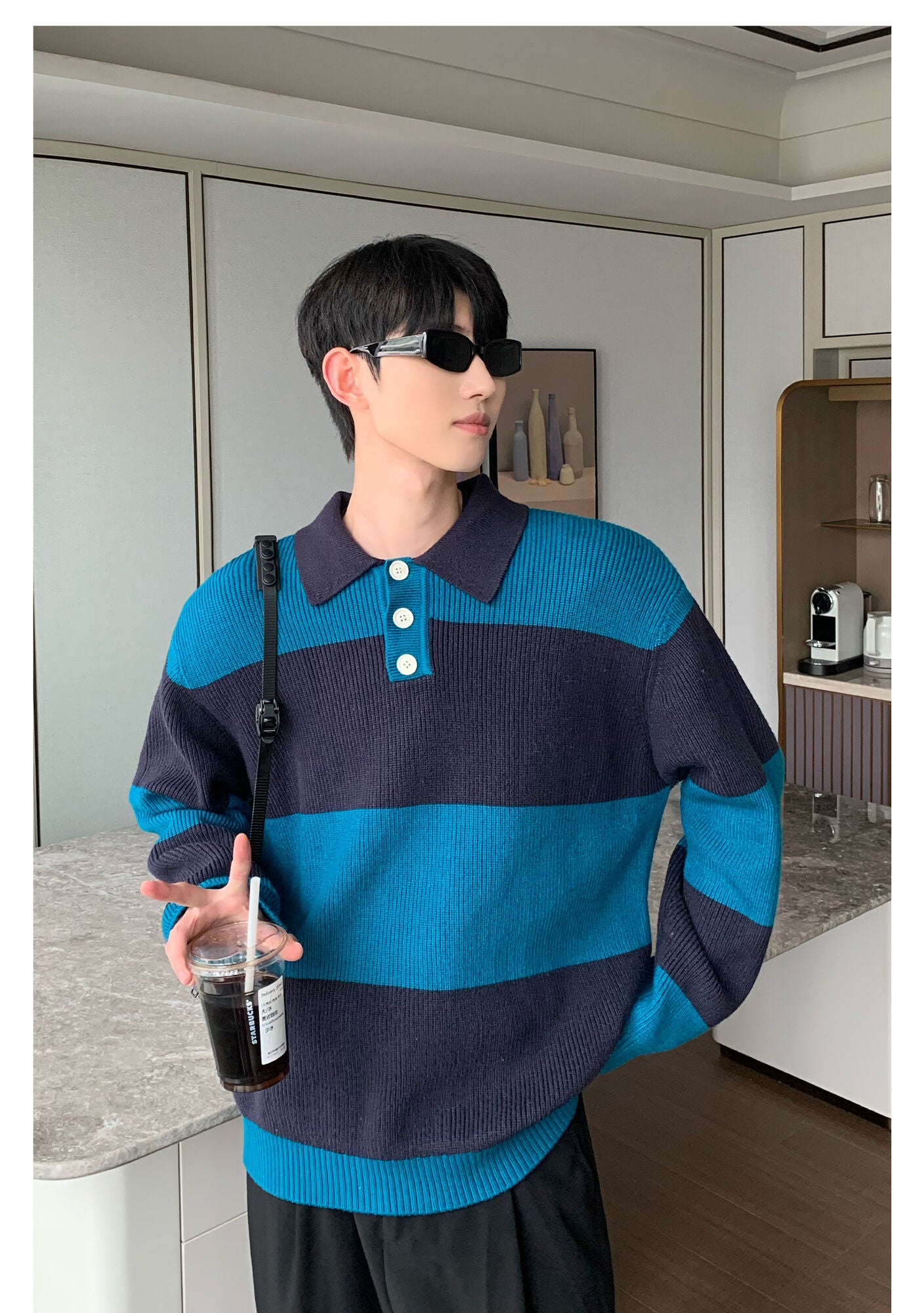 Contrast Color Turn-down Collar Stripe Sweaters - INTOHYPEZONE
