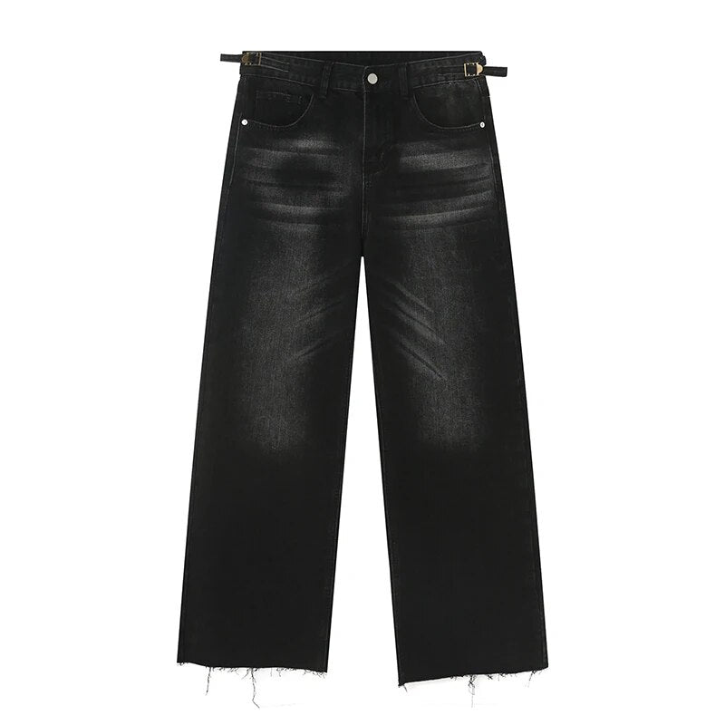 Washed Ragged Hem Straight Leg Denim Jeans - INTOHYPEZONE