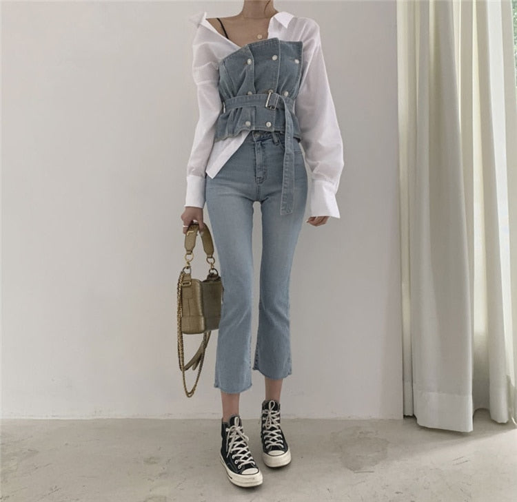 Solid Color Shirt + Sleeveless Belt Tube Denim Vest