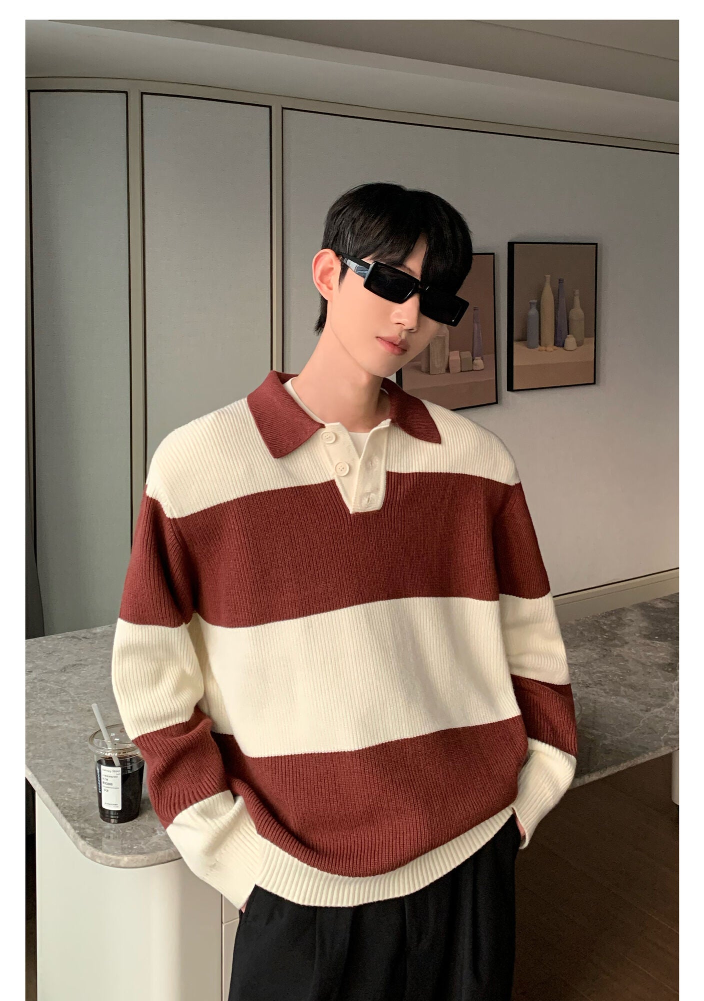 Contrast Color Turn-down Collar Stripe Sweaters - INTOHYPEZONE