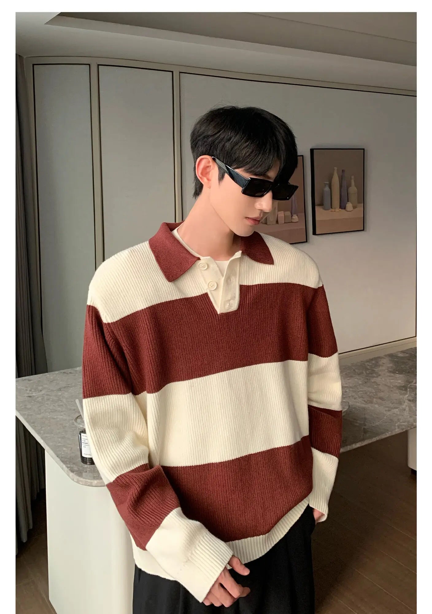 Contrast Color Turn-down Collar Stripe Sweaters - INTOHYPEZONE