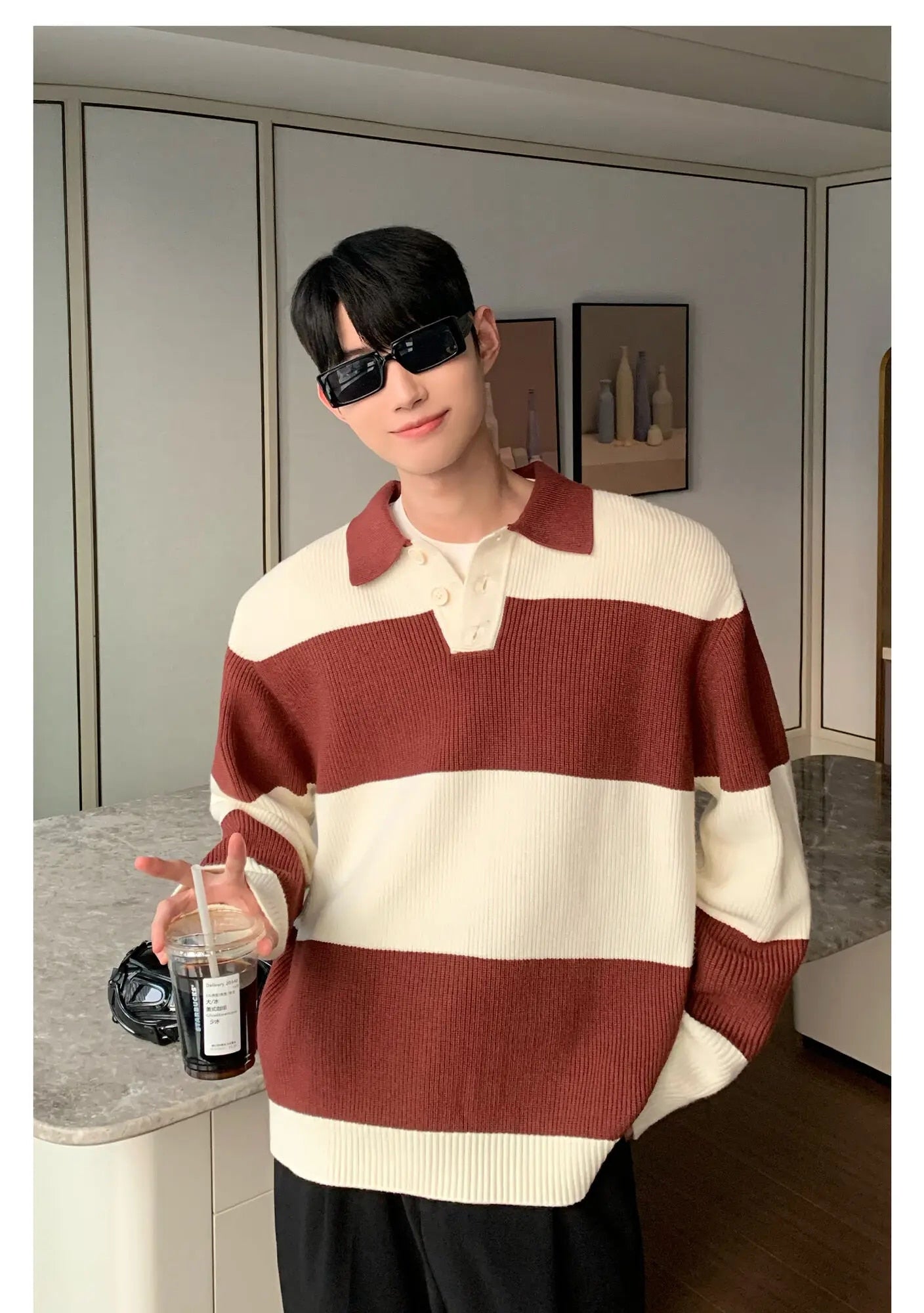 Contrast Color Turn-down Collar Stripe Sweaters - INTOHYPEZONE