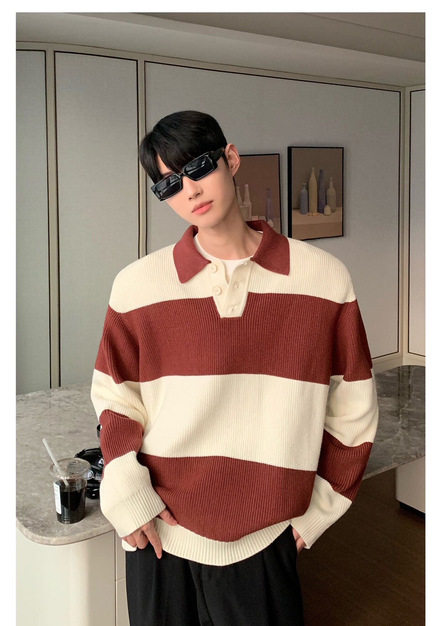 Contrast Color Turn-down Collar Stripe Sweaters - INTOHYPEZONE