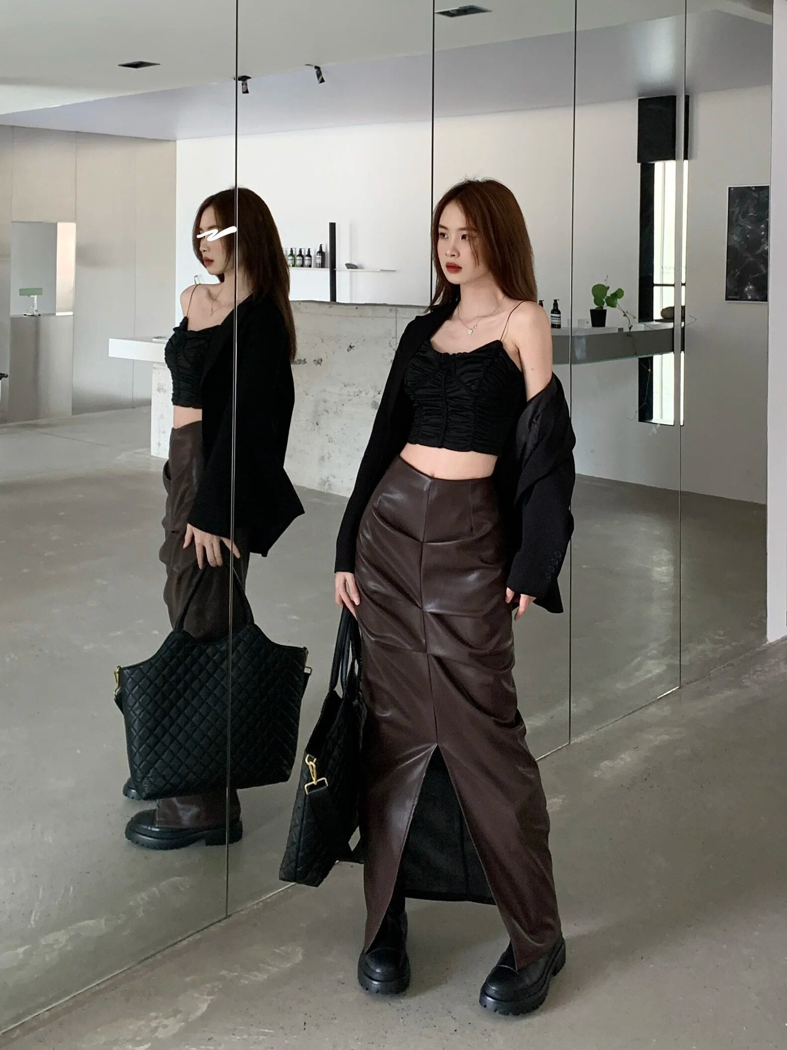 Leather Mid Long Skirts - INTOHYPEZONE