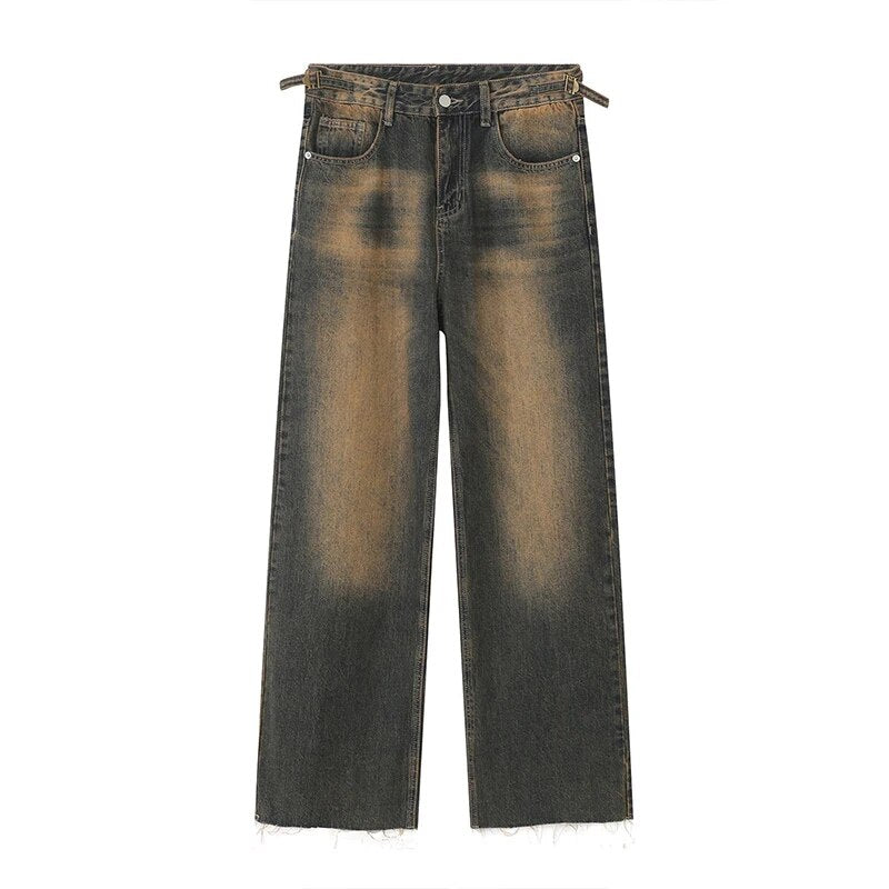 Washed Ragged Hem Straight Leg Denim Jeans - INTOHYPEZONE