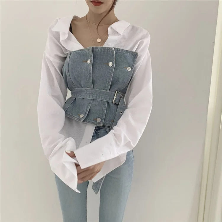Solid Color Shirt + Sleeveless Belt Tube Denim Vest