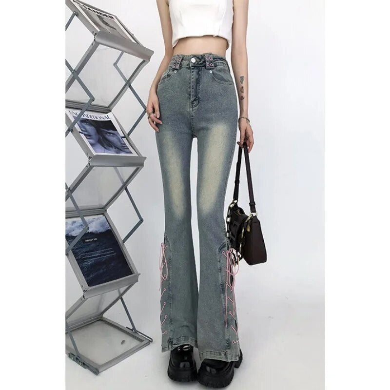 Lace-up High Waist Slim Fit Jeans Pants - INTOHYPEZONE