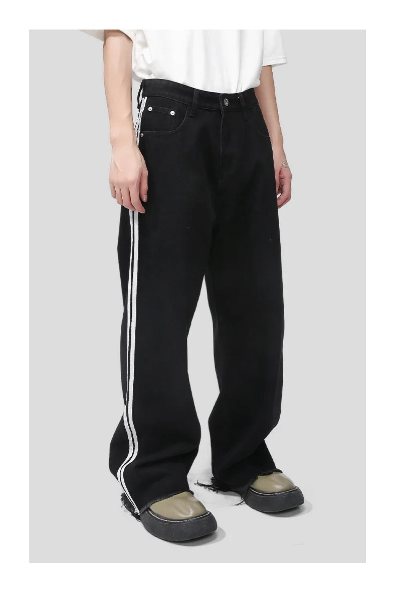 Black Striped Wide Leg Frayed Pants - INTOHYPEZONE