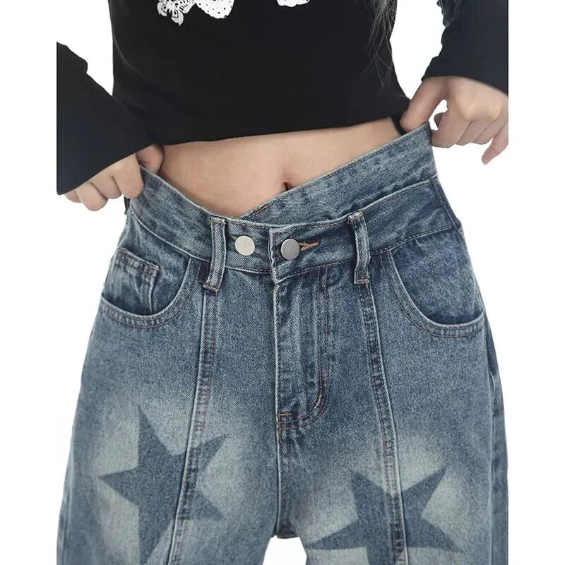 High Waist Star Print Denim Pants - INTOYPEZONE