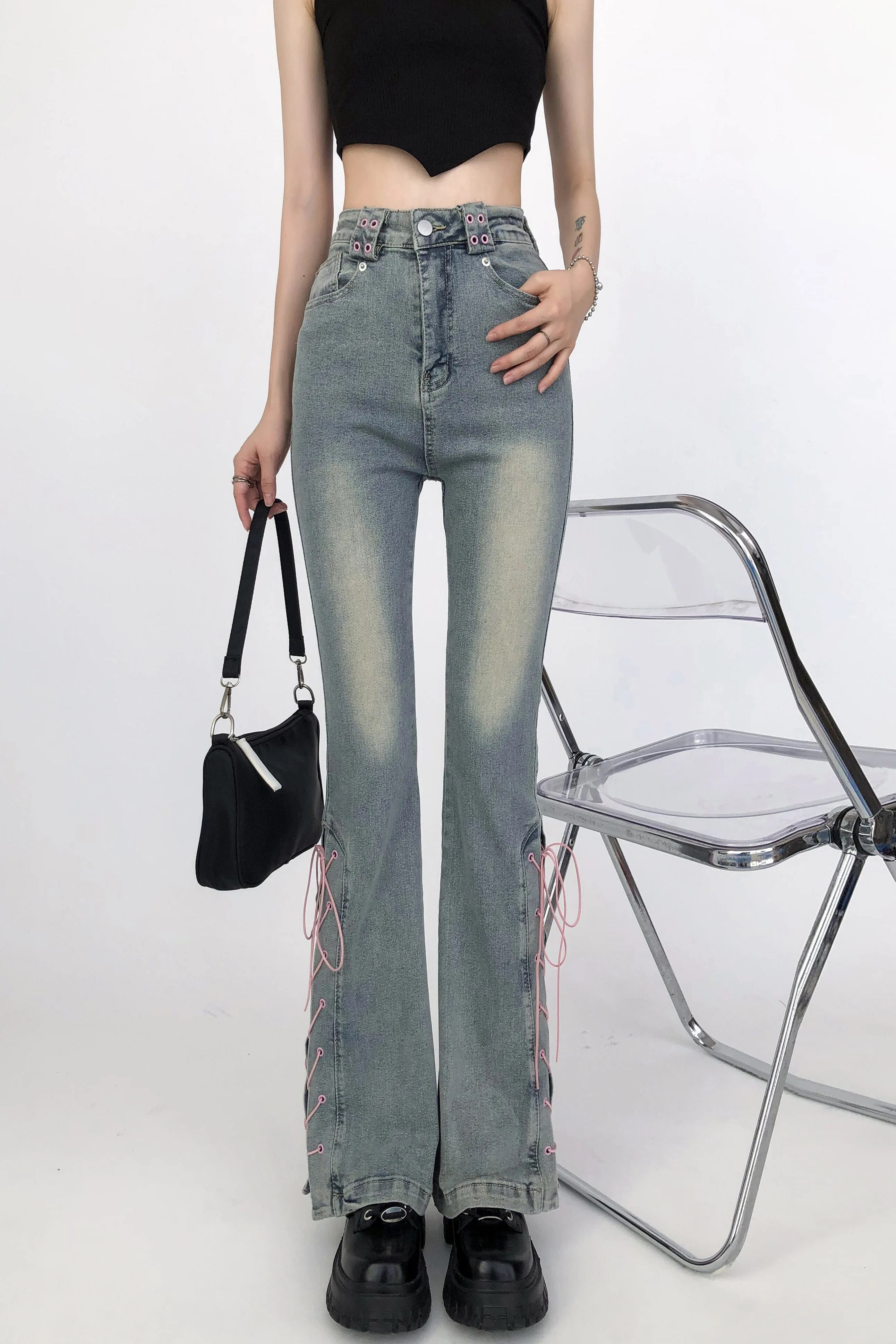 Lace-up High Waist Slim Fit Jeans Pants - INTOHYPEZONE