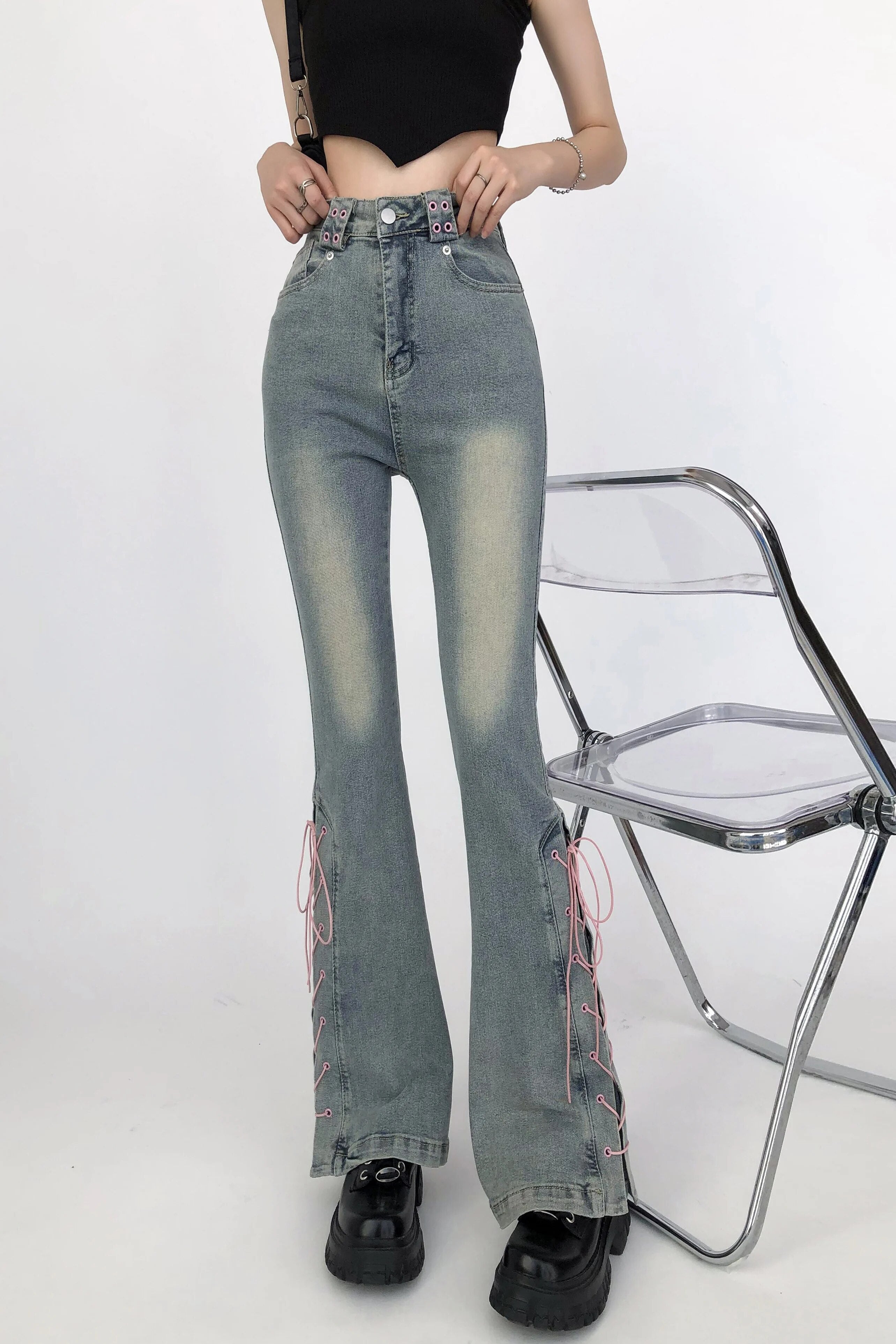 Lace-up High Waist Slim Fit Jeans Pants - INTOHYPEZONE
