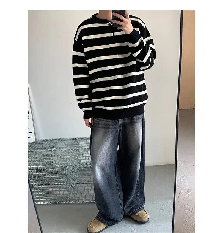 Stripe Round Neck Pullover Sweater - INTOHYPEZONE