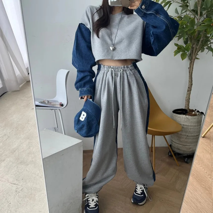 Long Sleeve Denim Patchwork Sweatshirts - INTOHYPEZONE