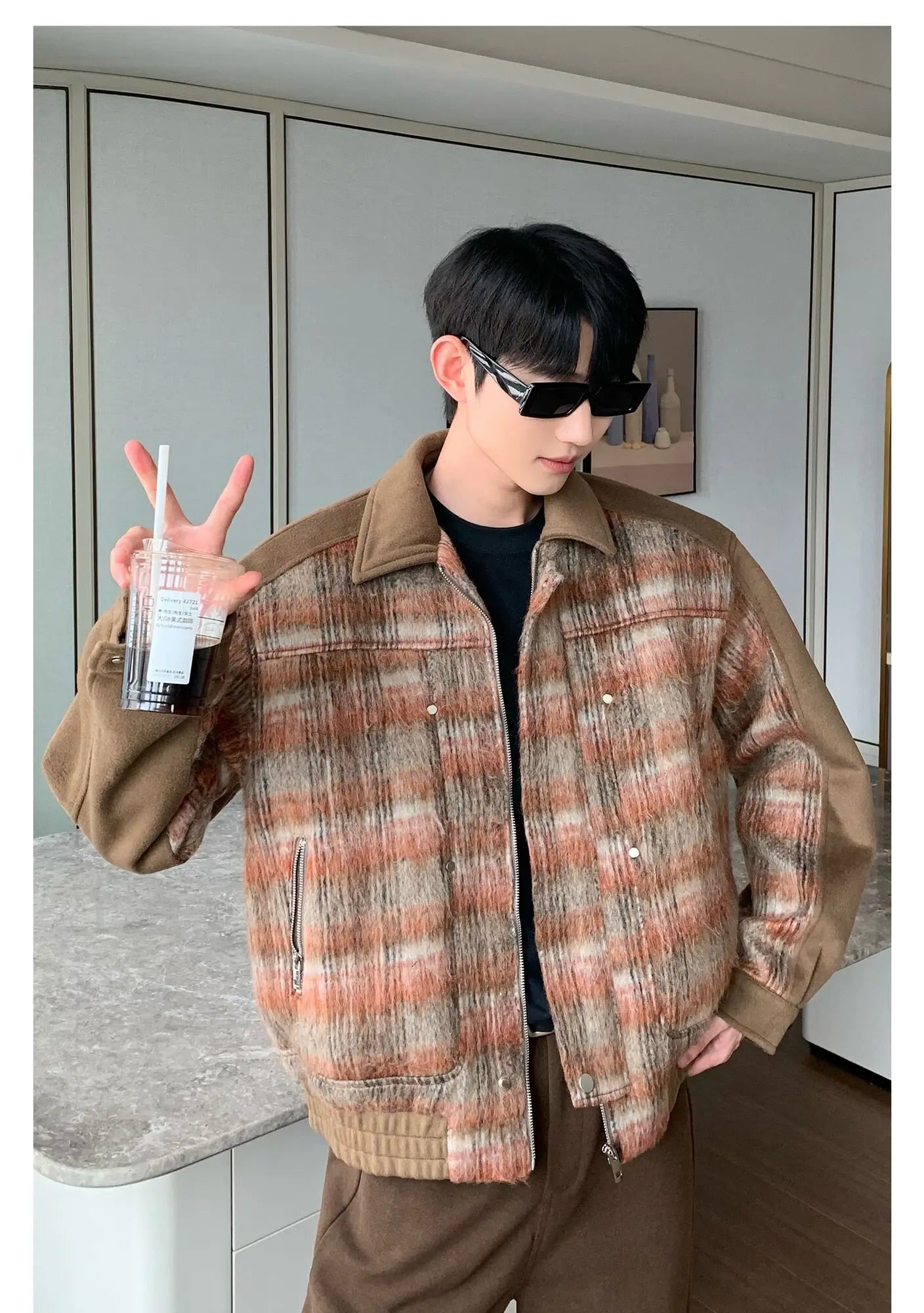 Plaid Woolen Lapel Patchwork Jacket - INTOHYPEZONE