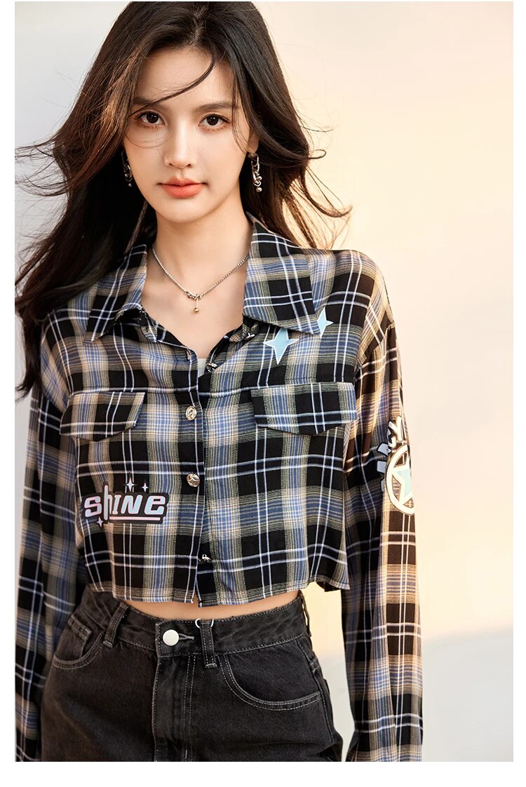 Turn-down Collar Long Sleeve Plaid Shirts - INTOHYPEZONE