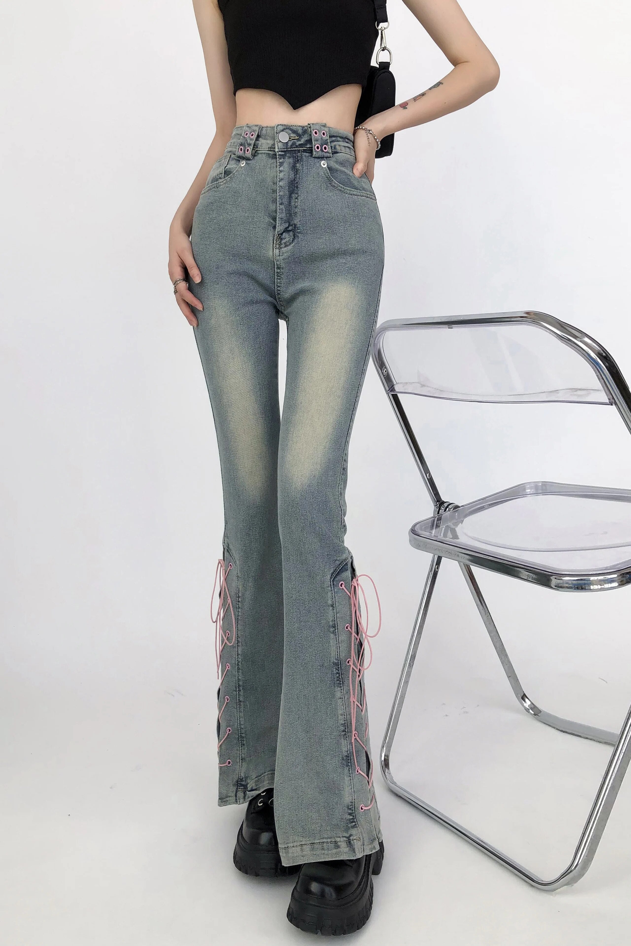 Lace-up High Waist Slim Fit Jeans Pants - INTOHYPEZONE