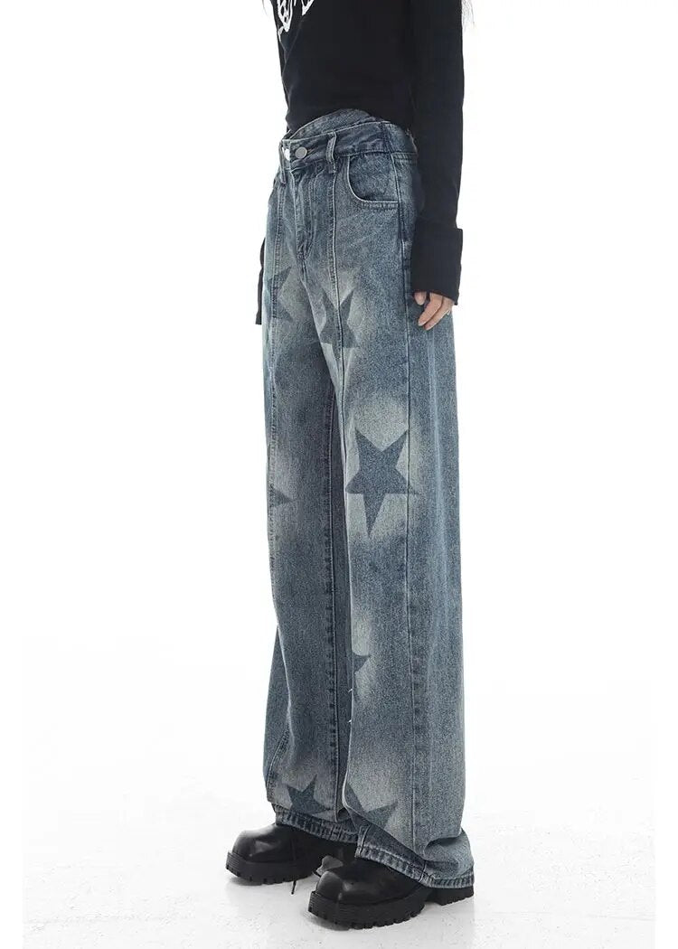 High Waist Star Print Denim Pants - INTOYPEZONE