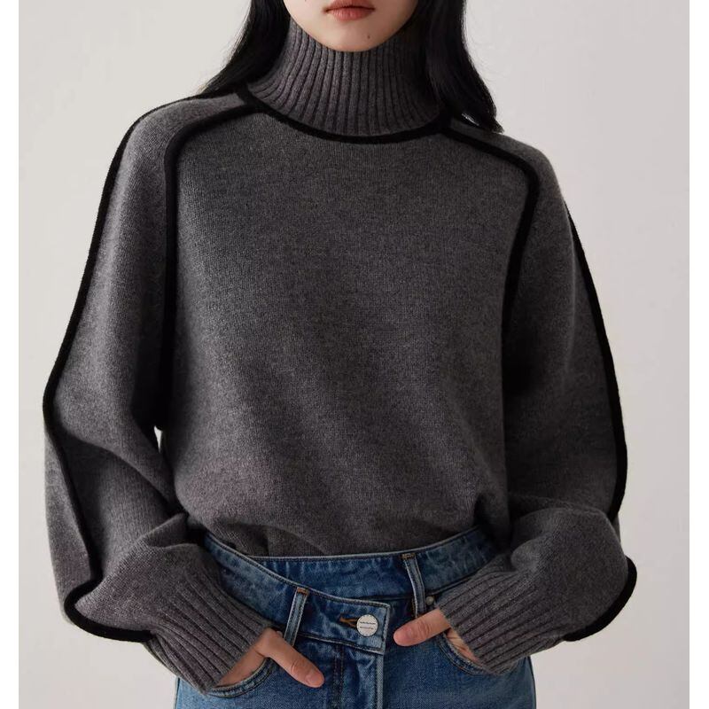 High Neck Contrast Line Knitted Sweater - INTOHYPEZONE