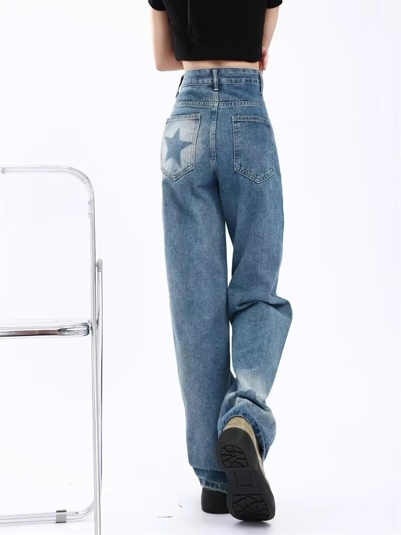 High Waist Star Print Denim Pants - INTOYPEZONE