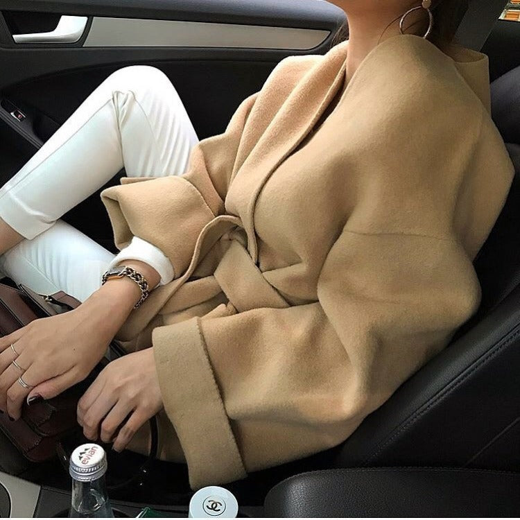 V-neck Wool Jacket with Belt -INTOHYPEZONE