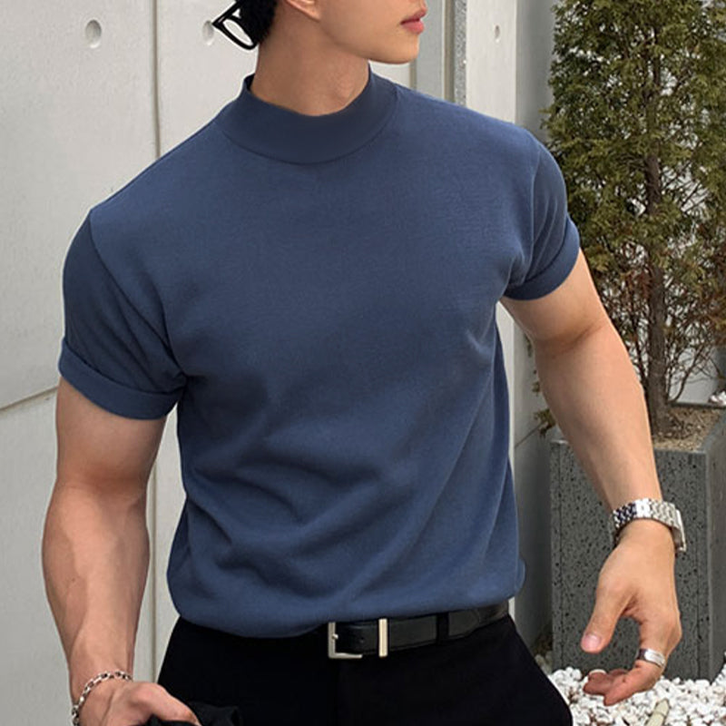 Short-Sleeve Mock Neck Knitted T shirt by INTOHYPEZONE SUMMER