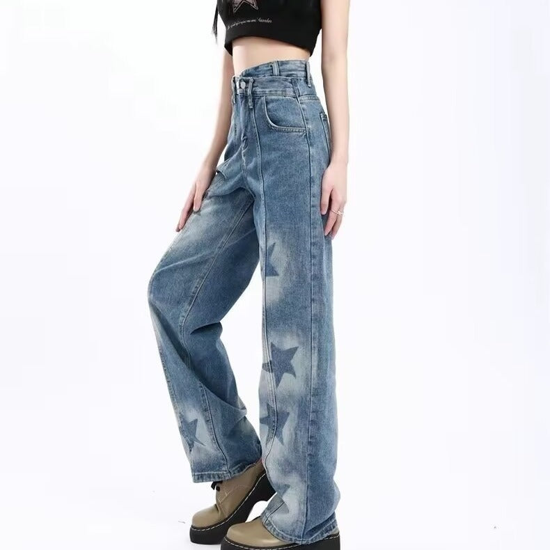 High Waist Star Print Denim Pants - INTOYPEZONE