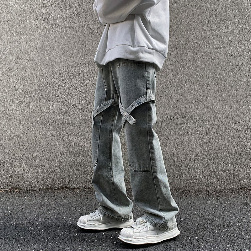 KNEE STRAP DENIM PANTS - INTOHYPEZONE