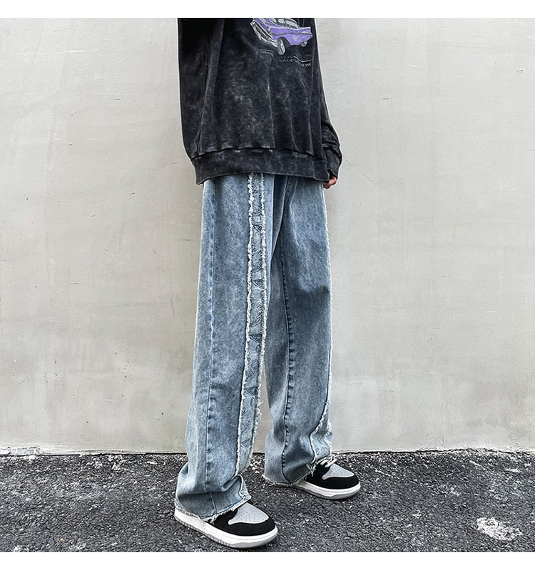 DISTRESSED RAW HEM WIDE LEG JEANS - INTOHYPEZONE