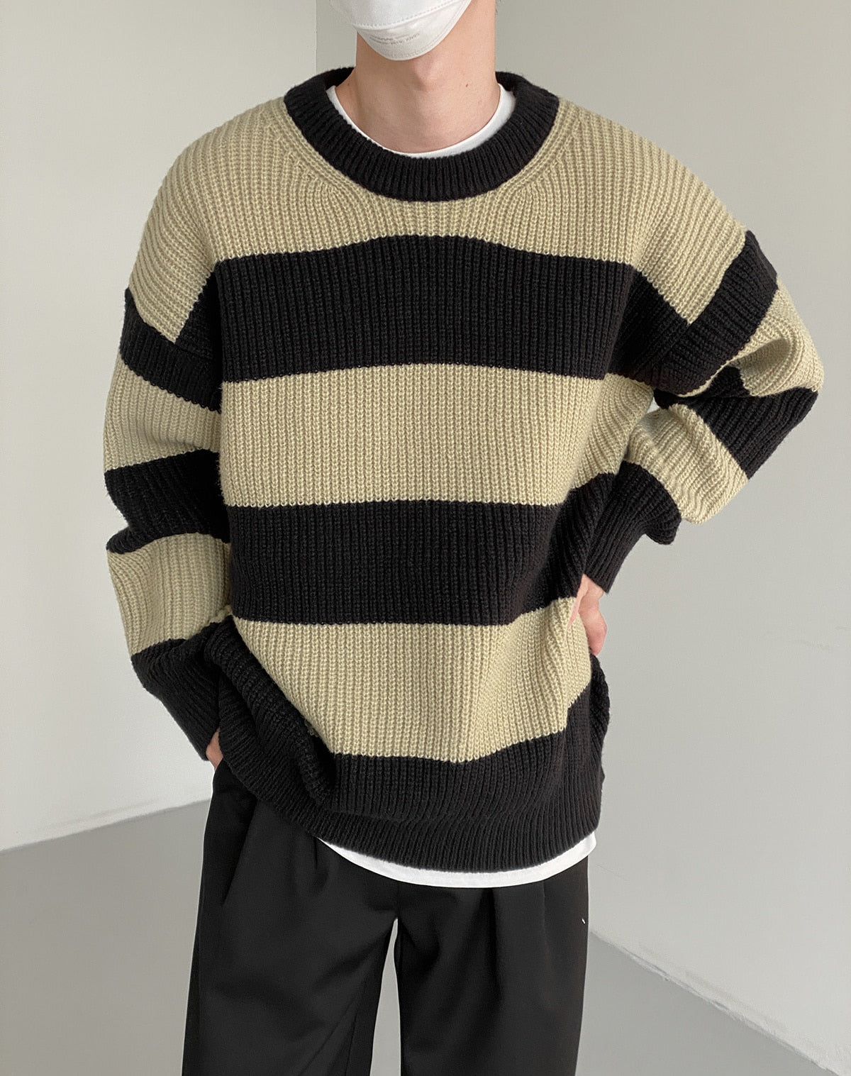 CREWNECK STRIPED KNIT SWEATER - INTOHYPEZONE