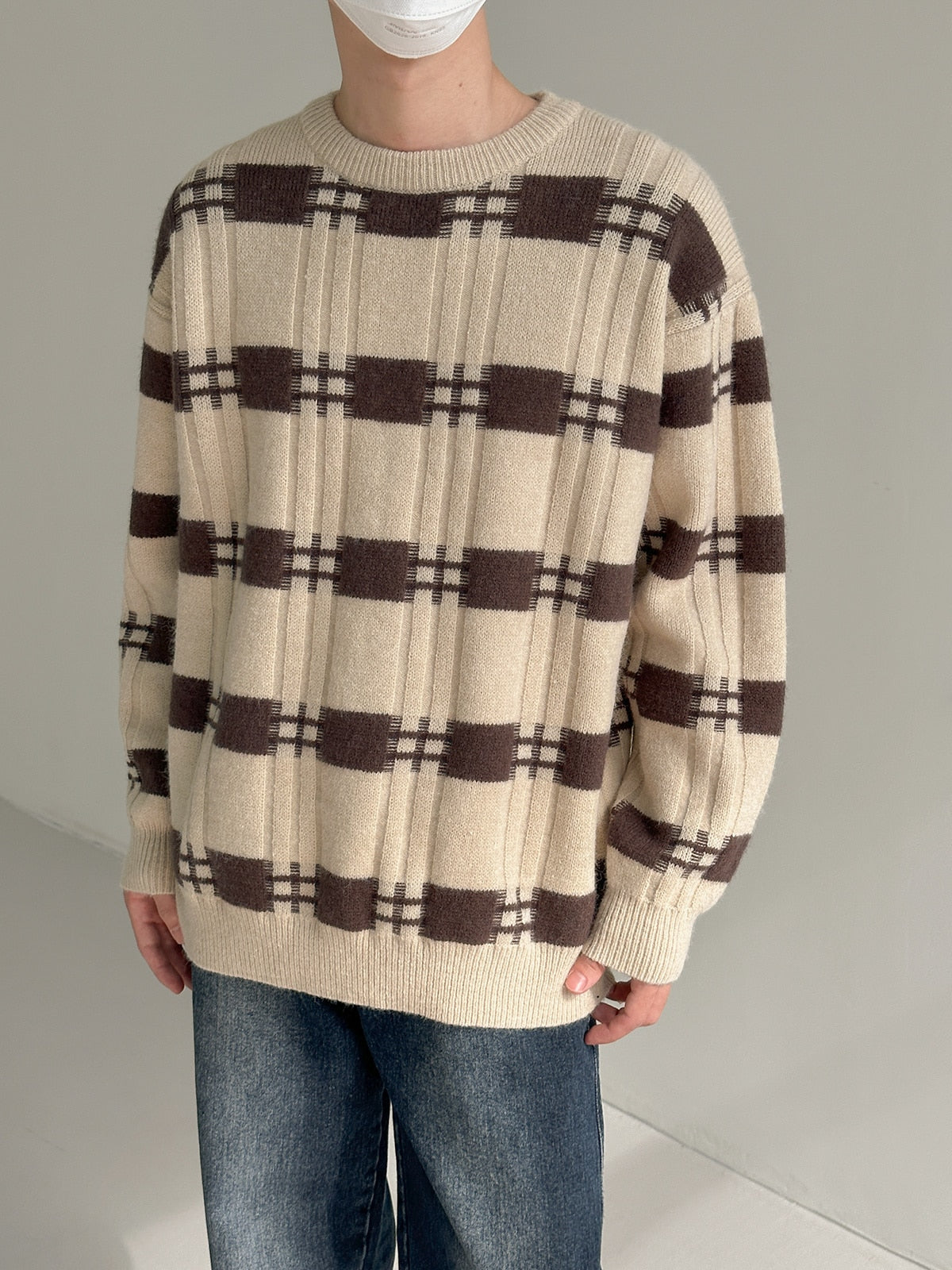 CREWNECK PLAID KNIT SWEATER - INTOHYPEZONE