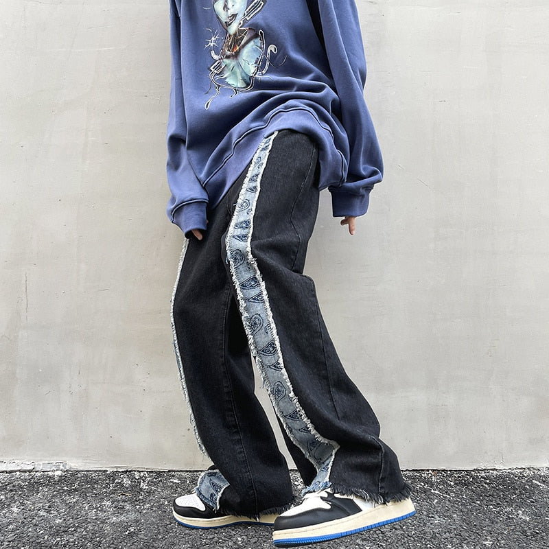 DISTRESSED RAW HEM WIDE LEG JEANS - INTOHYPEZONE