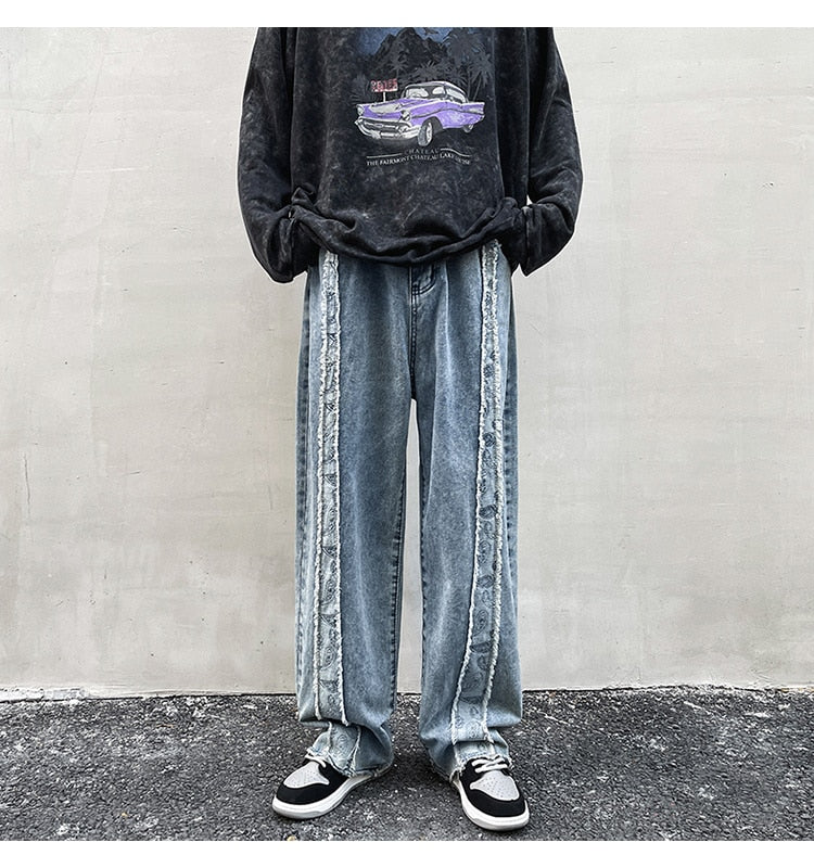 DISTRESSED RAW HEM WIDE LEG JEANS - INTOHYPEZONE