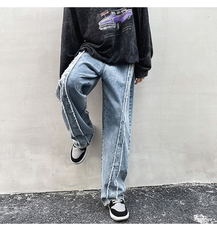 DISTRESSED RAW HEM WIDE LEG JEANS - INTOHYPEZONE