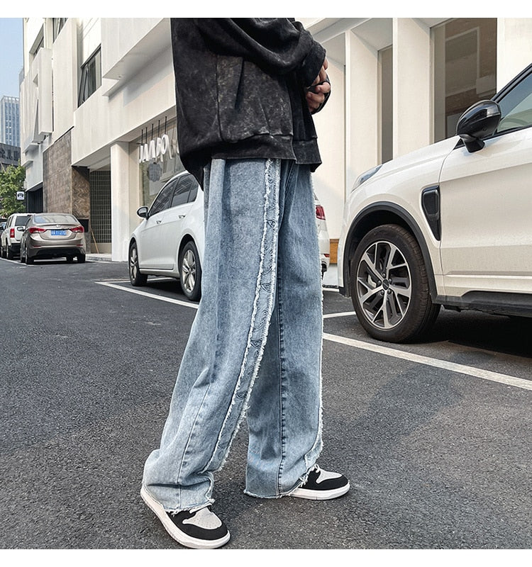 DISTRESSED RAW HEM WIDE LEG JEANS - INTOHYPEZONE
